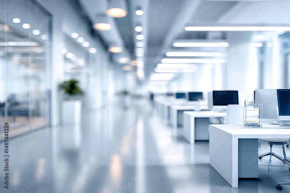 Poster modern open office workspace with rows of white desks and computers