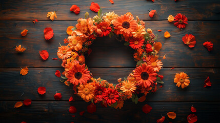 Autumn Wreath with Flowers on Wooden Background. Rustic autumn wreath made of orange and red flowers, surrounded by scattered petals on dark wooden surface, evoking seasonal warmth.