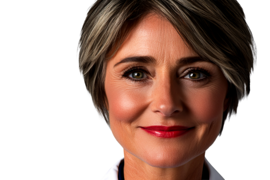 Mature woman portrait, close up, bright red lips, isolated, cut out transparent