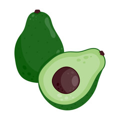 Green avocado, whole and cut in half. A healthy natural fruit.