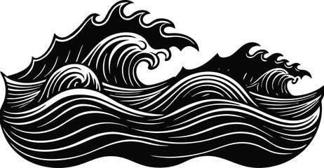 Ocean Waves Silhouette, Sea Wave Clipart, Minimal Coastal Design, Vector Surf Scene for Summer Decor