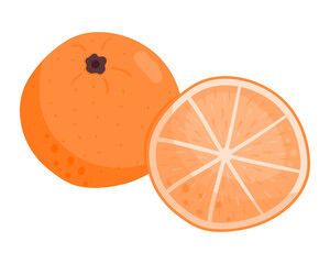 Ripe juicy orange. A whole fruit and half a piece. Citrus fruits.