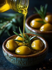 Olive Oil Pouring Over Green Olives in Bowl. Close-up of fresh green olives in a ceramic bowl being drizzled with golden olive oil, garnished with fresh rosemary.