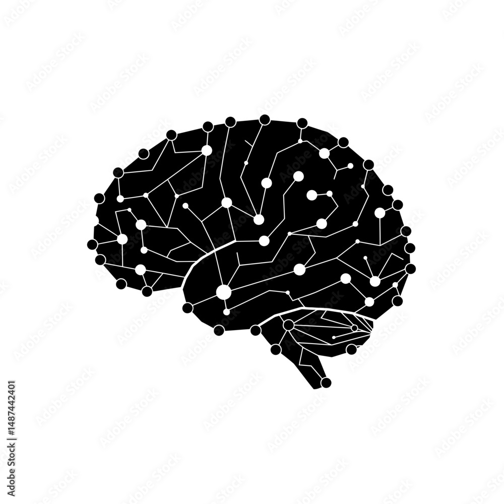 Poster brain network concept: a stylized brain graphic adorned with connecting nodes and lines, symbolizing