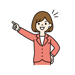 笑顔で目標を指さす、若い女性会社員のベクターイラスト素材＿線幅の編集可能＿カラー