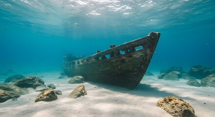 Sunlit Underwater Shipwreck on Sandy Ocean Floor: A Stunning View of a Sunken Vessel