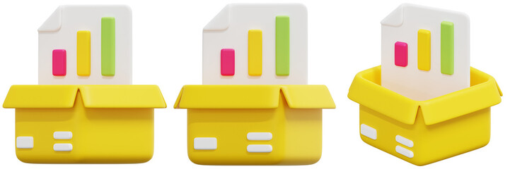 Set of Yellow Box with Colorful Bar Graph 3d Render Icon Illustration