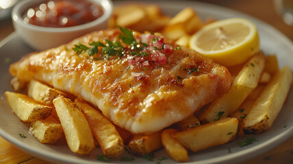 Crispy fried fish and chips lemon garnish