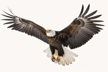 Fototapeta premium A bald eagle soars in mid-air, its powerful talons and fierce gaze on full display, exuding majesty and hunting intensity.