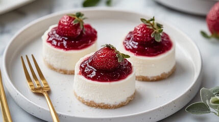 Mini Strawberry Cheesecakes on White Plate.  Three delightful mini cheesecakes, each topped with a vibrant strawberry compote and a fresh strawberry, presented elegantly on a white plate with a golden