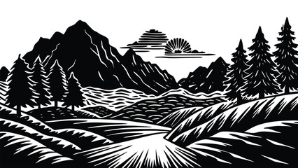 Sunset Over Hills Silhouette, Mountain Landscape Vector, Sunset Scene Clipart, Nature SVG Design