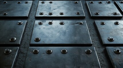 Fototapeta premium interlocked metal plates with bolts and seams, tech-industrial design
