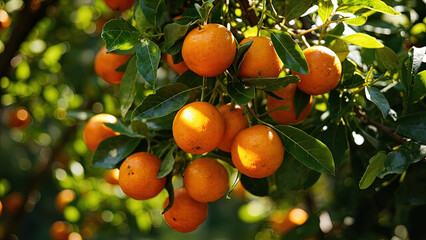 Fresh oranges growing on a lush green tree branch under the bright sunlight