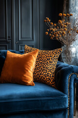 Luxurious Blue Velvet Sofa with Orange Accents. A stylish close-up of a deep blue velvet tufted sofa adorned with a vibrant orange velvet pillow and a chic leopard print cushion, set against a dark, e
