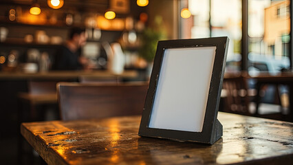 Blank wooden frame on cafe table for advertisement mockup in cozy coffee shop setting