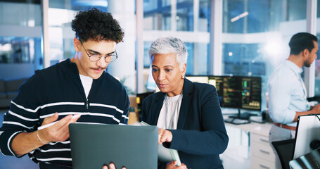 Man, developer and mentor on laptop in office for programming, coding training and server update. People, manager and help for testing pc, IT intern and website application and troubleshooting system