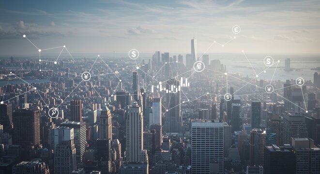 City skyline with global network of financial data and stock market chart