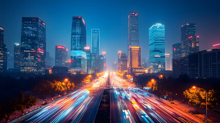 Modern cityscape of Los Angeles City with skyscrapers and highways, Los Angeles river in the background at dusk, illuminated by street lights. A Vincent Thomas bridge connecting two parts of downtown
