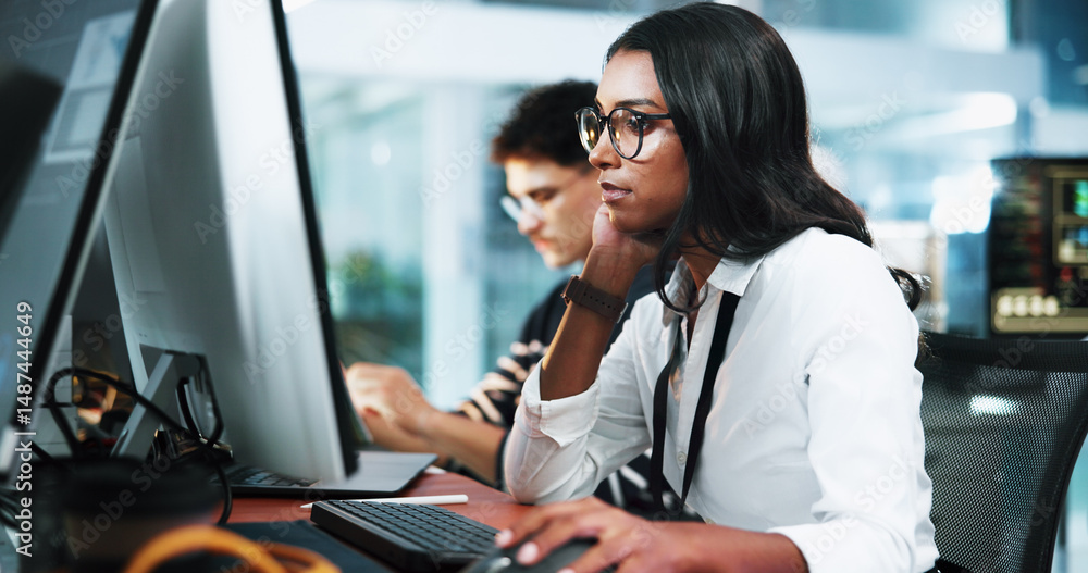 Poster Thinking, woman and developer on computer in office for programming, software update and backend fail. Person, pc and coding for website development, testing server and solution of system application