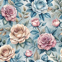 Blue and pink floral pattern with roses and leaves. Graphic, vector, illustration, art, design, clipart, abstract, digital, stock
