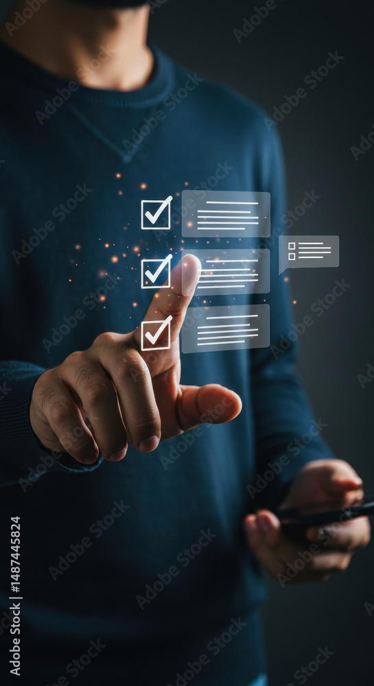 Poster digital checklist: man tapping on virtual list for tasks & productivity | online management, mobile 