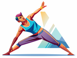 A man doing triangle pose (Trikonasana) with one arm up and one hand on ankle. White background, body alignment position