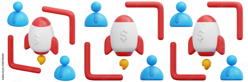 Poster set of red and white rockets with blue figures and red framework 3d render icon illustration