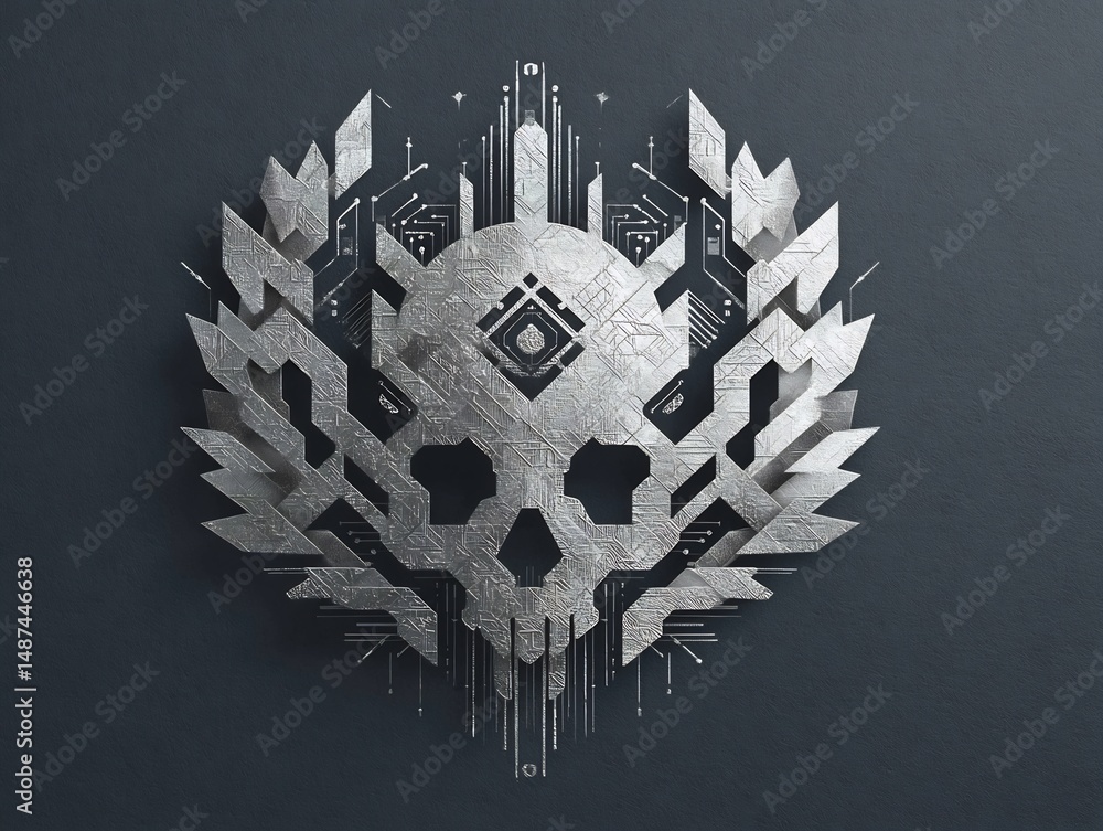 Poster futuristic skull emblem with metallic texture and technological design elements