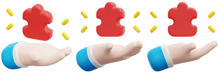 Set of Red Jigsaw Puzzle Pieces Above Open Hands with Blue Sleeves 3d Render Icon Illustration
