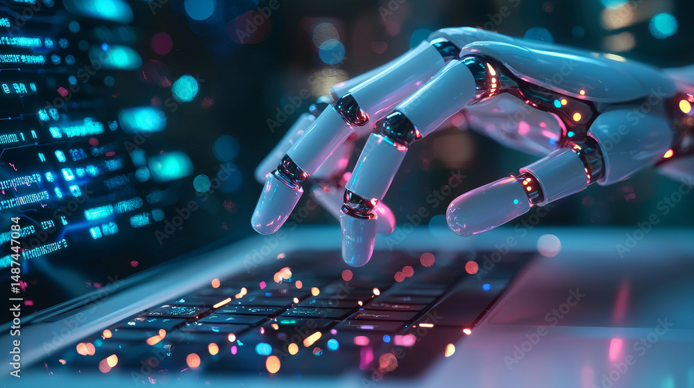 Poster robot hands point to laptop button advisor chatbot robotic artificial intelligence concept