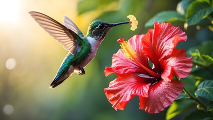 Fototapeta premium Hummingbird and Hibiscus in Harmony: A tiny hummingbird delicately hovers mid-air, its long beak gracefully reaching toward the vibrant red hibiscus flower.