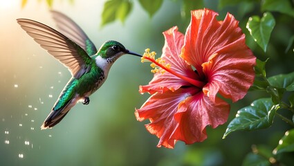 Naklejka premium Hummingbird's Floral Feast: Capturing a vibrant hummingbird in mid-flight, delicately probing a lush, coral hibiscus bloom, showcasing nature's intricate beauty.