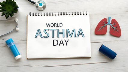 Observe World Asthma Day awareness with this healthcare image featuring lungs model, inhaler, and stethoscope on a notepad