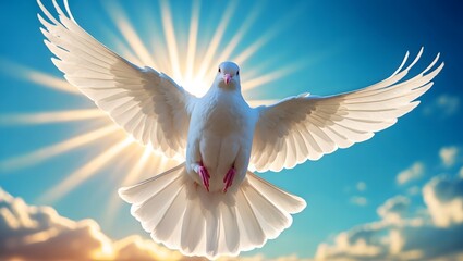 Obraz premium Dove of Peace in Sunlight: A majestic white dove soars majestically against a radiant sunrise, its wings outstretched in a symbol of peace and hope.