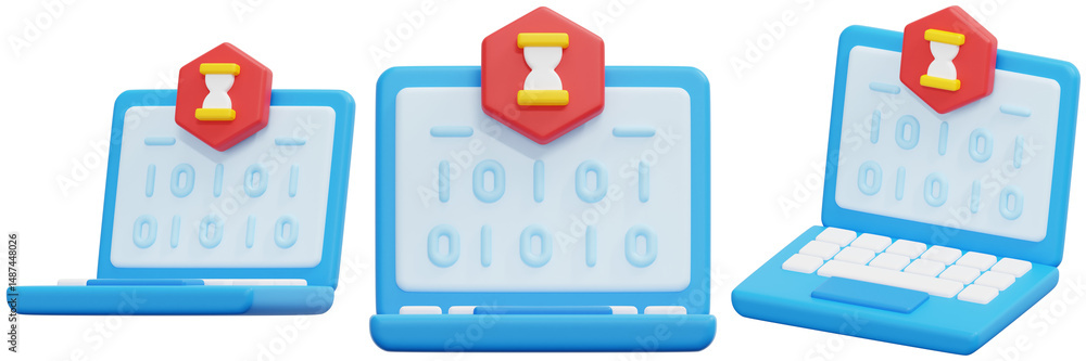 Aufkleber set of blue laptops with hourglass icons and binary code 3d render icon illustration