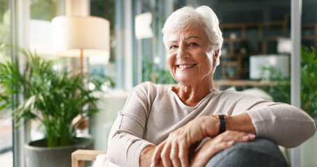 Senior, woman and happy with portrait in home for peaceful retirement, resting or mortgage...