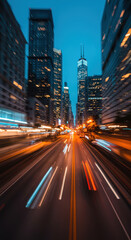 Obraz premium Urban Rush: Blurred Cityscape at Twilight with Streaking Lights - A Dynamic City Vision!