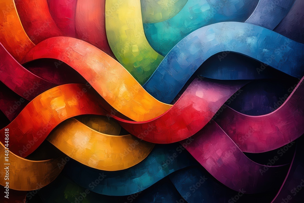 Poster intricate intertwining patterns of rainbow stripes create a vibrant and dynamic visual effect agains