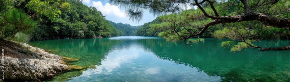 Aufkleber scenic view of lake in pine forest under cloudy blue sky concept. a serene lake surrounded by lush g