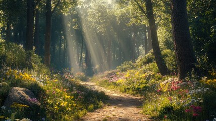 Obraz premium Sunlit Path Through a Magical Forest
