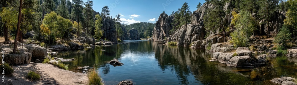 Poster scenic view of lake in pine forest with rock and trees concept. serene river landscape surrounded by