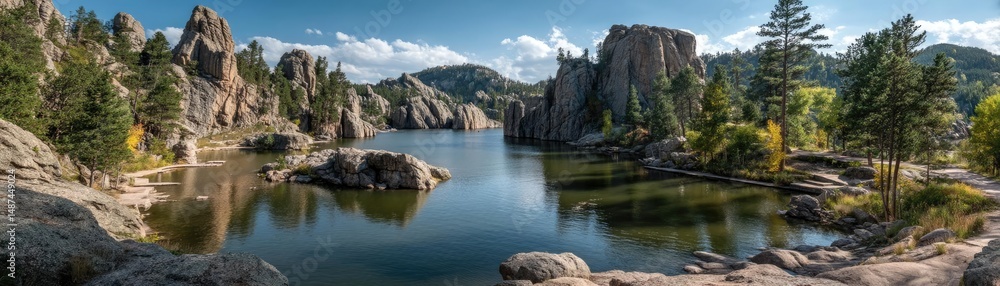 Poster scenic view of lake in pine forest with rock and trees concept. serene landscape featuring calm wate