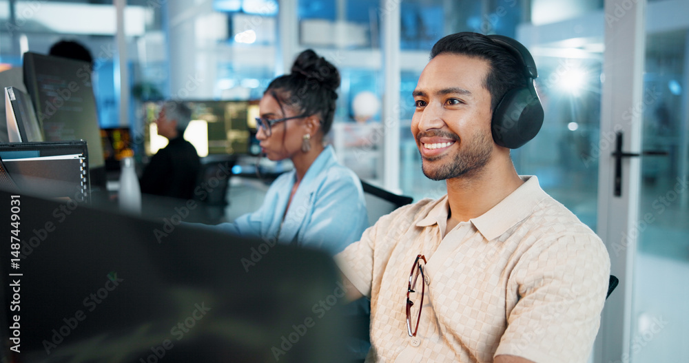 Aufkleber Office, businessman and headphones with computer for web development, coding and listening to music. Coworking, night and male programmer with technology for programming, software update and podcast