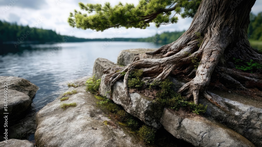 Aufkleber scenic view of lake in pine forest under peaceful nature concept. a serene lakeside scene with a wea
