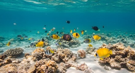 Fototapeta premium Vibrant Coral Reef Ecosystem: A Kaleidoscope of Tropical Fish in a Pristine Underwater Paradise