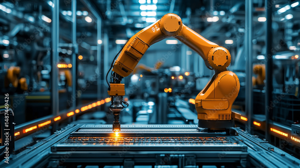 Poster industrial robot operating autonomously in a smart factory environment. post-processed illustration