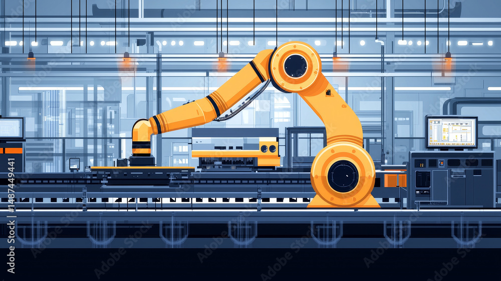 Poster industrial robot works automatically in smart autonomous factory. postproducted illustration