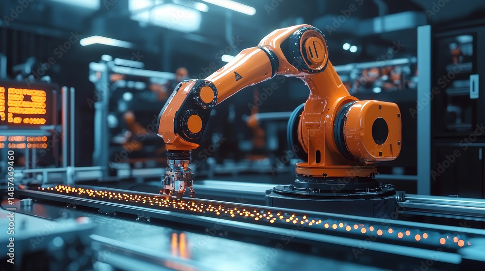 Poster smart factory with an automated industrial robot at work. digitally enhanced image