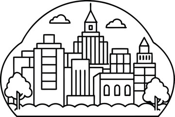 Naklejka premium Line drawing shows a cityscape with several buildings and two small trees