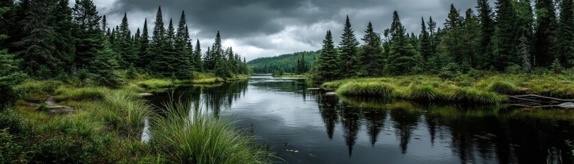 Scenic view of lake in pine forest under cloudy blue sky concept. Serene river landscape with lush greenery and dramatic clouds.